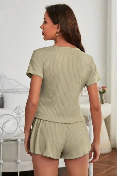 YNT Viskon Mint Yeşili Düğme Detaylı Kısa Kollu Şort Takım 7508 - 3