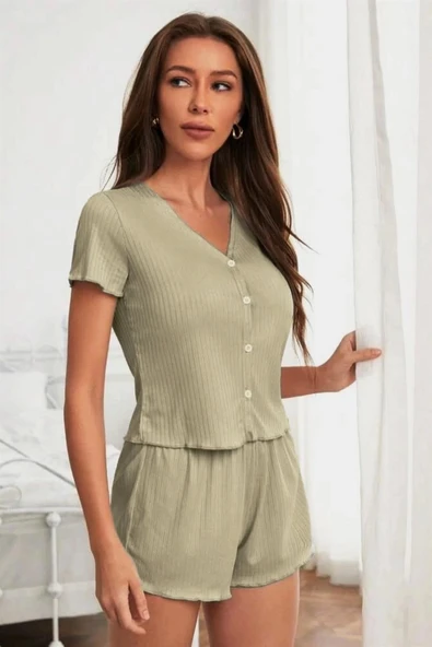 YNT Viskon Mint Yeşili Düğme Detaylı Kısa Kollu Şort Takım 7508 - 2