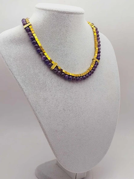 Ametist & Hematit Taşı 6mm Tasarım Kolye (56106) - 4