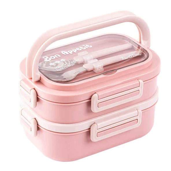 Tantitoni Paslanmaz Çelik 2 Katlı Çatal Ve Kaşıklı Yemek Taşıma Kabı 1.65lt Pembe - Resim 3