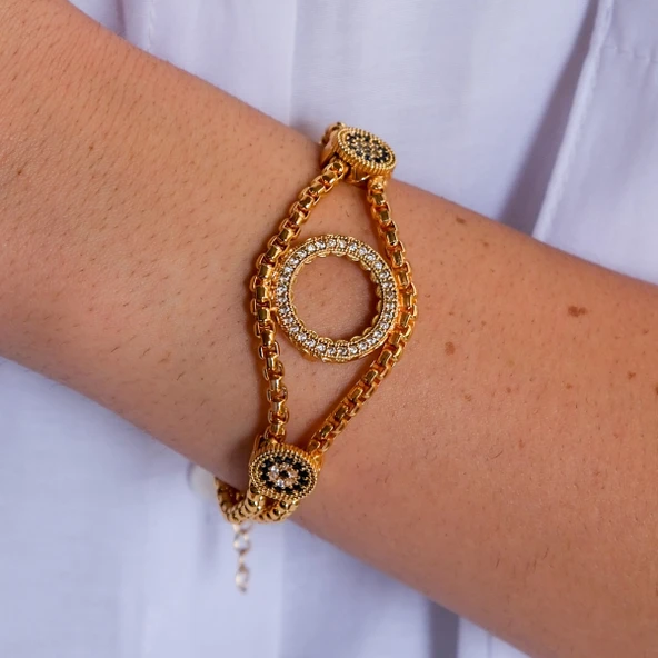 Çeyrek Altın Çerçeve Bileklik Çelik Altın Kaplama Nazar Boncuklu Model BLK-1070 - Resim 3