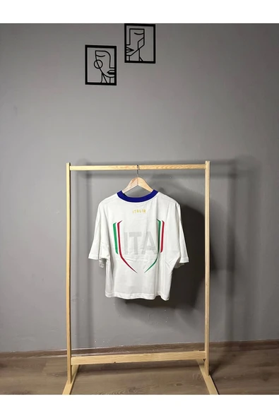 İtalia Baskılı Oversize Beyaz Crop T-shirt - 2