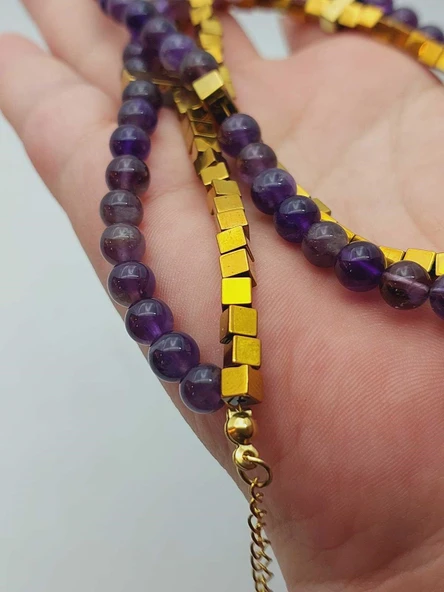 Ametist & Hematit Taşı 6mm Tasarım Kolye (56106) - 7