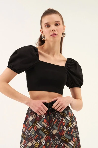 Balon Kol Siyah Crop Top