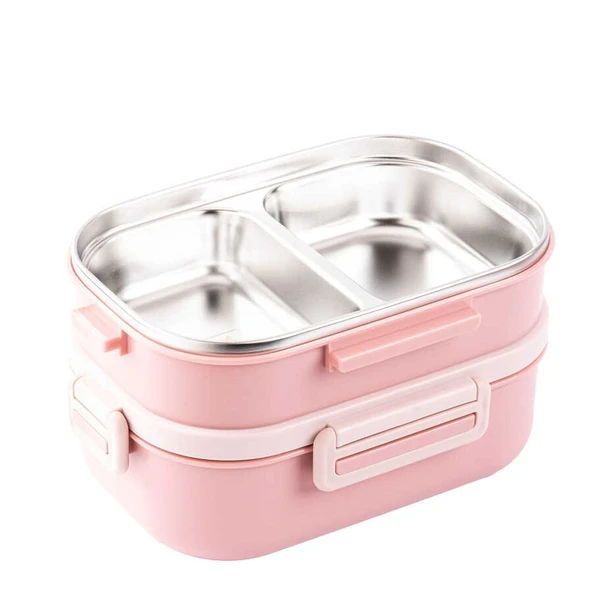 Tantitoni Paslanmaz Çelik 2 Katlı Çatal Ve Kaşıklı Yemek Taşıma Kabı 1.65lt Pembe - Resim 4
