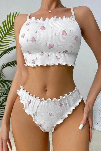 YNT Beyaz Çiçek Desenli Marum Trim Alt Üst Takım 16088 - 1