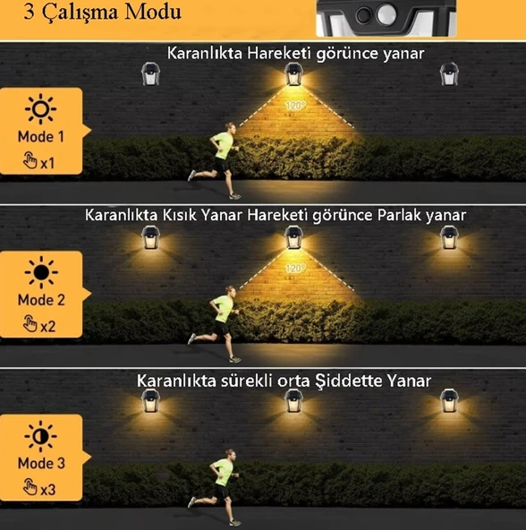 2 Adet 3 Modlu Hareket Sensörlü Güneş Enerjili Solar Lamba Fotoselli Solar Dış Mekan Bahçe Lambası - 3