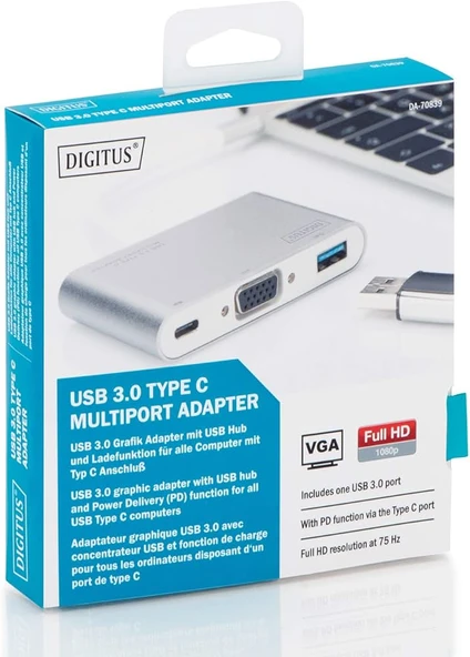 Digitus DA-70839 Usb Type-C Vga Multiport Dönüştürücü Adaptör, 3-Port 1080P