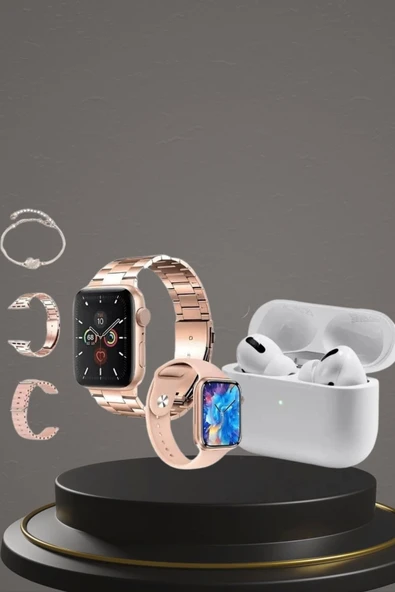 3 Kordonlu Pembe Amoled Ekran Akıllı Saat ve Yeni Nesil Pro Kablosuz Bluetooth Kulaklık ANC/ENC - 5
