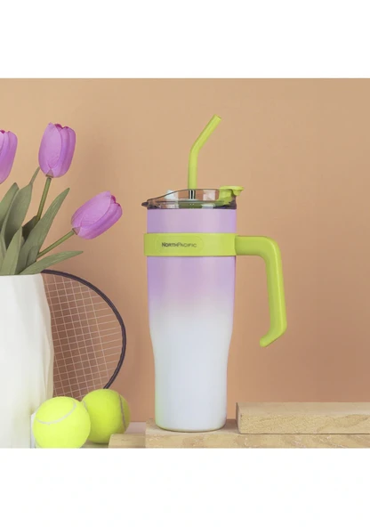 North Pacific Paslanmaz Çelik Pipetli Renkli  Kamp Termosu 1.2 L Pembe - 2