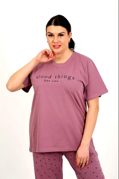 Nisanca %100 Pamuk  Büyük Beden Kısa Kol Kadın Pijama Takımı - Resim 6