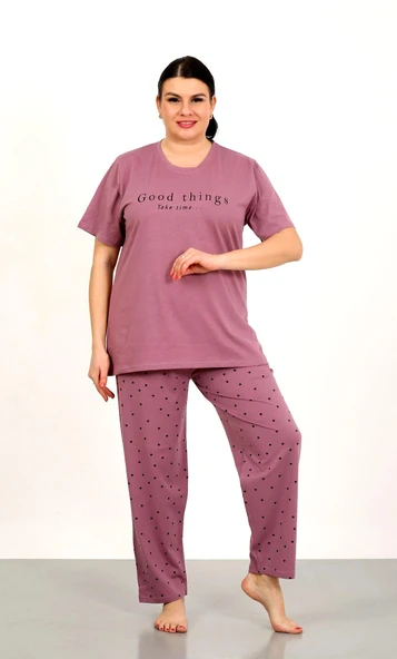 Nisanca %100 Pamuk  Büyük Beden Kısa Kol Kadın Pijama Takımı - Resim 3