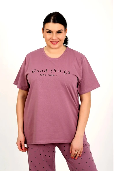 Nisanca %100 Pamuk  Büyük Beden Kısa Kol Kadın Pijama Takımı - Resim 5