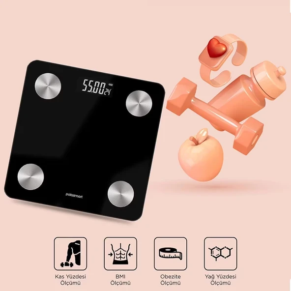 Polosmart PSC55 Vücut Analizli Yağ Ölçer Akıllı Bluetooth Tartı Baskül Siyah - 3