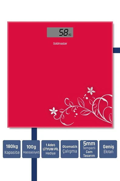 Goldmaster Slimfit Gm-7175R Kırmızı Gold Çiçekli Baskül Tartı - 3