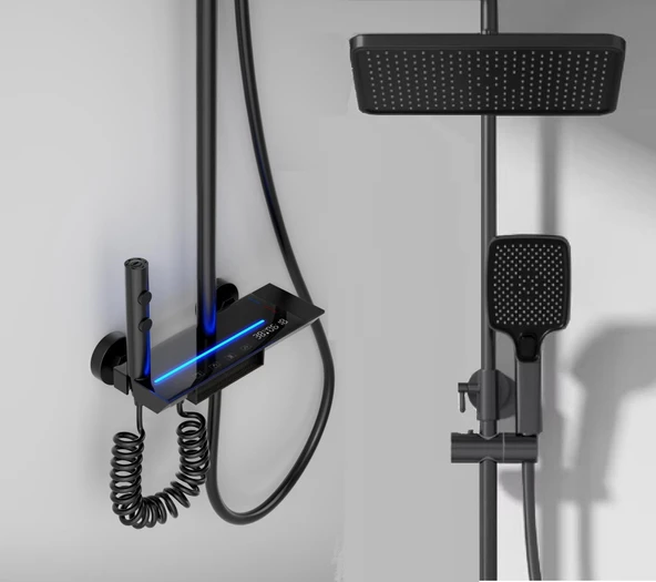 Rena Design Siyah Dijital Ekran Piyano Fonksiyonel Akıllı Duş Sistem Banyo Batarya Robot Yağmurlama Led