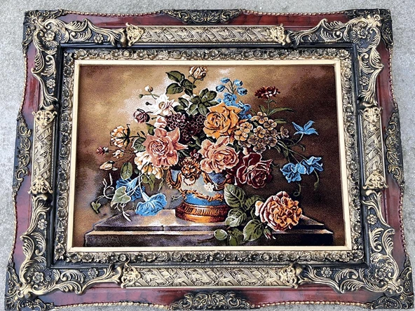 Zamanın Dokuduğu Çiçekler Adlı İran Tebriz Halı Tablo 94x74cm - Duvar Halı Kilim Tablo - 2