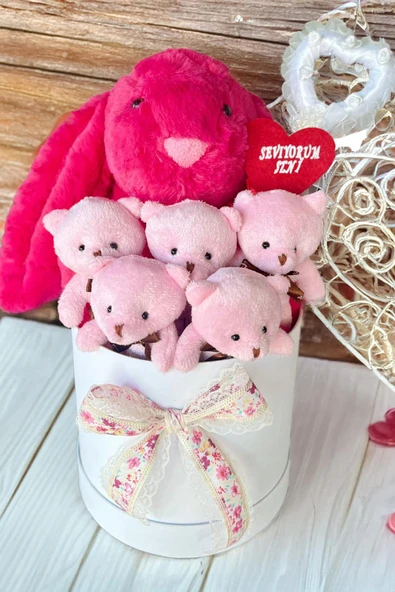 SOLE Premium Özel Hediye Kutusunda 45 cm Fuşya Bunny Tavşan ve 5 Adet Pembe Peluş Ayıcık Buketi
