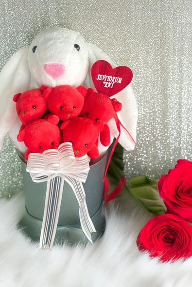 SOLE Premium Özel Hediye Kutusunda 45 cm Beyaz Bunny Tavşan ve 5 Adet Kırmızı Peluş Ayıcık Buketi - 3