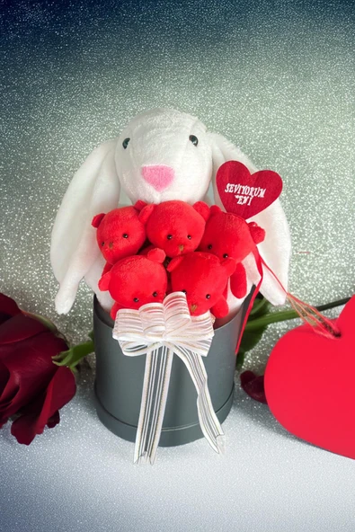SOLE Premium Özel Hediye Kutusunda 45 cm Beyaz Bunny Tavşan ve 5 Adet Kırmızı Peluş Ayıcık Buketi - 2
