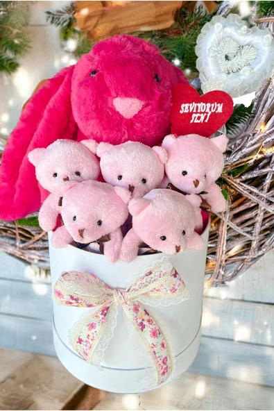 SOLE Premium Özel Hediye Kutusunda 45 cm Fuşya Bunny Tavşan ve 5 Adet Pembe Peluş Ayıcık Buketi - 4