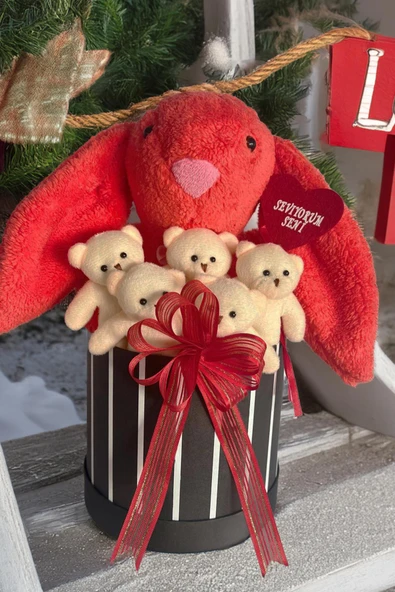 SOLE Premium Özel Hediye Kutusunda 45 cm Mercan Bunny Tavşan ve 5 Adet Krem Peluş Ayıcık Buketi