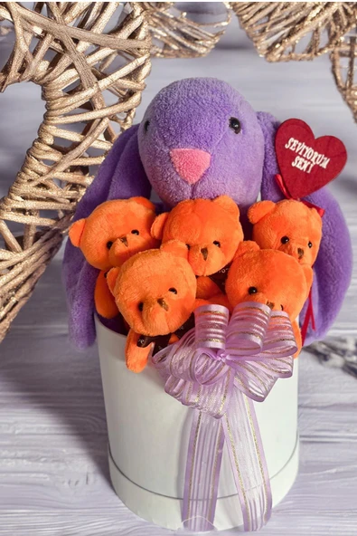 SOLE Premium Özel Hediye Kutusunda  45 cm Bunny Tavşan ve 5 Adet Turuncu Peluş Ayıcık Buketi - 6