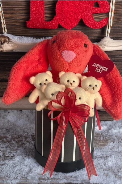SOLE Premium Özel Hediye Kutusunda 45 cm Mercan Bunny Tavşan ve 5 Adet Krem Peluş Ayıcık Buketi - 3