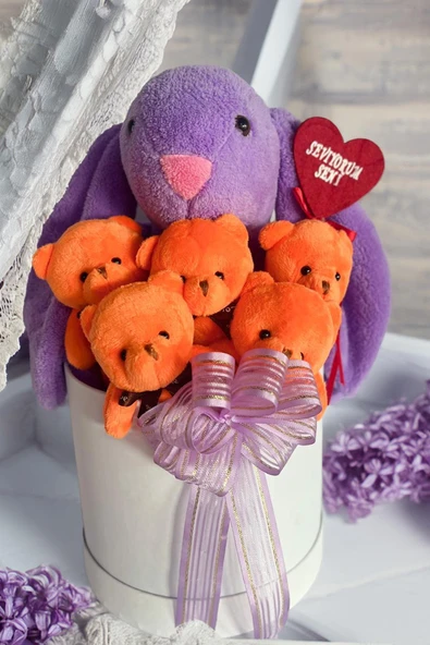 SOLE Premium Özel Hediye Kutusunda  45 cm Bunny Tavşan ve 5 Adet Turuncu Peluş Ayıcık Buketi - 2