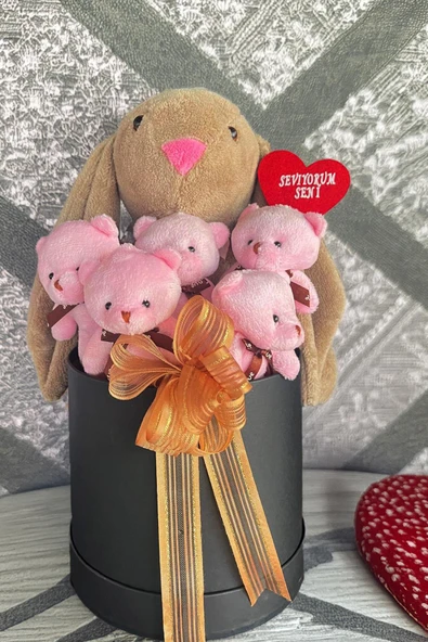 SOLE Premium Özel Hediye Kutusunda  45 cm Bunny Tavşan ve 5 Adet Pembe Peluş Ayıcık Buketi - 2
