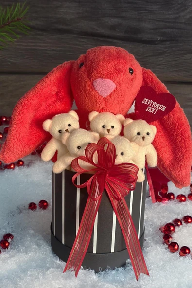 SOLE Premium Özel Hediye Kutusunda 45 cm Mercan Bunny Tavşan ve 5 Adet Krem Peluş Ayıcık Buketi - 5