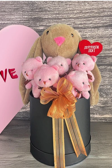 SOLE Premium Özel Hediye Kutusunda  45 cm Bunny Tavşan ve 5 Adet Pembe Peluş Ayıcık Buketi - 4
