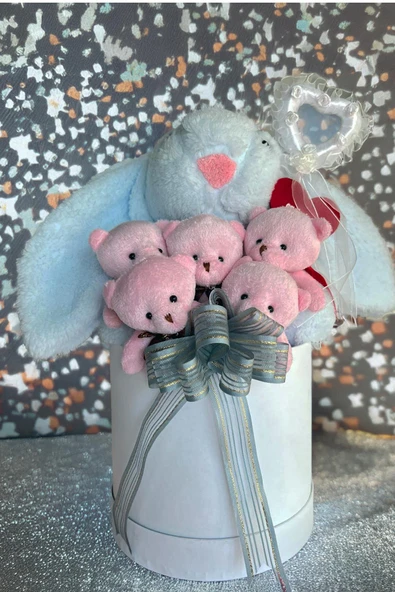 SOLE Premium Özel Hediye Kutusunda 45 cm Mavi Bunny Tavşan ve 5 Adet Pembe Peluş Ayıcık Buketi - 3