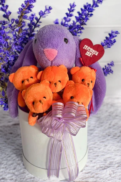 SOLE Premium Özel Hediye Kutusunda  45 cm Bunny Tavşan ve 5 Adet Turuncu Peluş Ayıcık Buketi