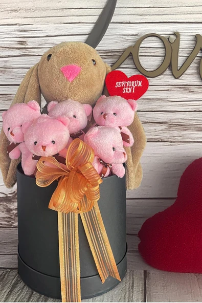 SOLE Premium Özel Hediye Kutusunda  45 cm Bunny Tavşan ve 5 Adet Pembe Peluş Ayıcık Buketi - 6