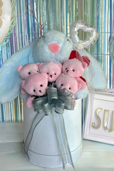 SOLE Premium Özel Hediye Kutusunda 45 cm Mavi Bunny Tavşan ve 5 Adet Pembe Peluş Ayıcık Buketi - 6