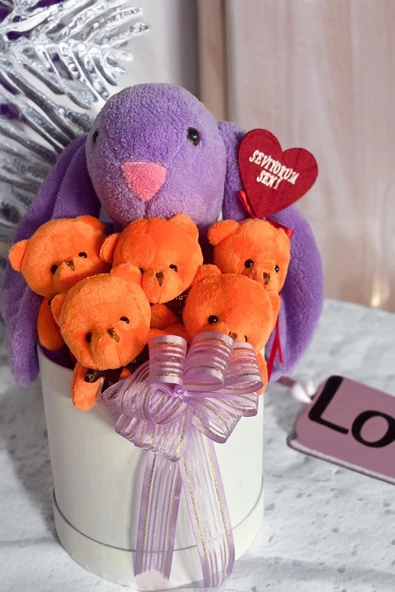SOLE Premium Özel Hediye Kutusunda  45 cm Bunny Tavşan ve 5 Adet Turuncu Peluş Ayıcık Buketi - 4
