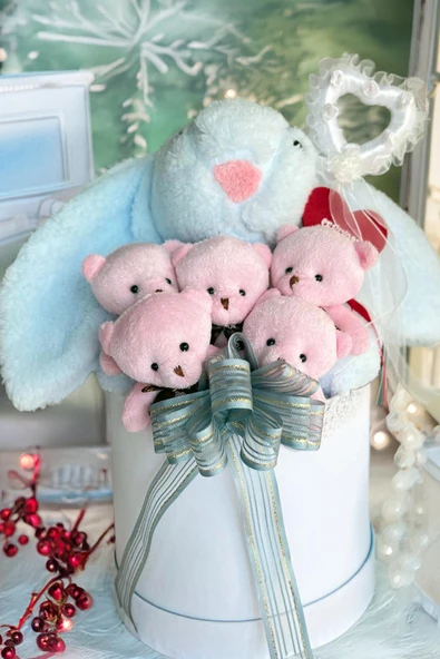 SOLE Premium Özel Hediye Kutusunda 45 cm Mavi Bunny Tavşan ve 5 Adet Pembe Peluş Ayıcık Buketi - 4