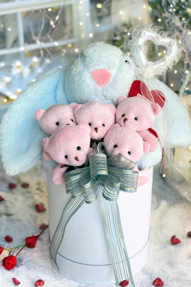 SOLE Premium Özel Hediye Kutusunda 45 cm Mavi Bunny Tavşan ve 5 Adet Pembe Peluş Ayıcık Buketi - 5