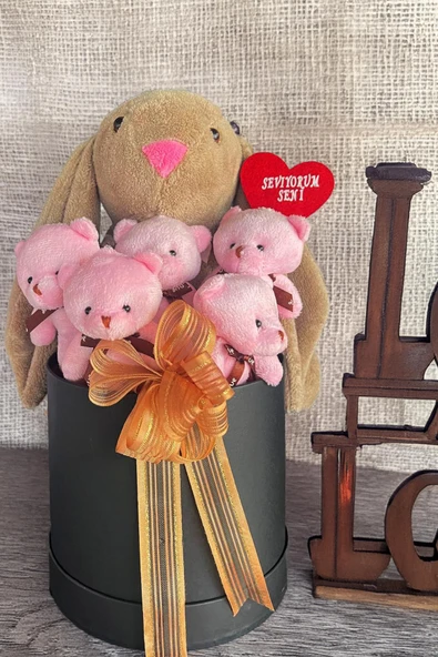 SOLE Premium Özel Hediye Kutusunda  45 cm Bunny Tavşan ve 5 Adet Pembe Peluş Ayıcık Buketi - 5