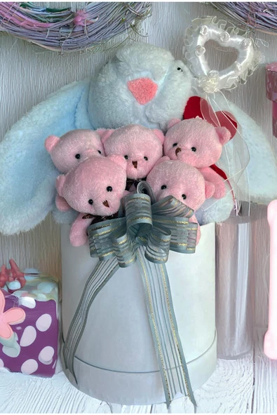 SOLE Premium Özel Hediye Kutusunda 45 cm Mavi Bunny Tavşan ve 5 Adet Pembe Peluş Ayıcık Buketi - 2