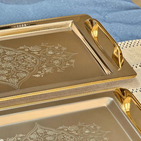 Sudedi Home Tuğba Gold Kaplama 1MM Paslanmaz Çelik 2li Tepsi 18/10 - 2