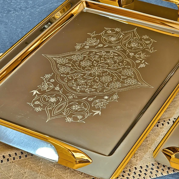 Sudedi Home Tuğba Gold Kaplama 1MM Paslanmaz Çelik 2li Tepsi 18/10 - 7