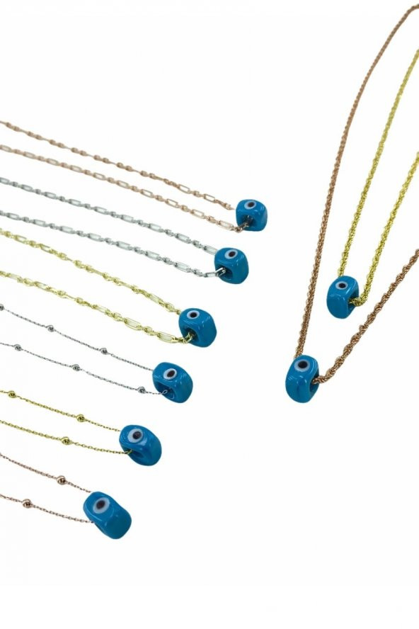 60 cm Uzun Top Top Zincir Rosegold Turkuaz Taş Gümüş Kolye - 2