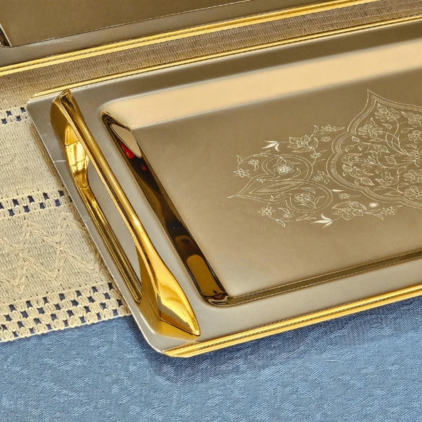 Sudedi Home Tuğba Gold Kaplama 1MM Paslanmaz Çelik 2li Tepsi 18/10 - 3