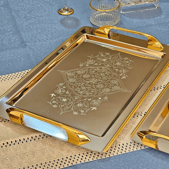 Sudedi Home Tuğba Gold Kaplama 1MM Paslanmaz Çelik 2li Tepsi 18/10 - 9