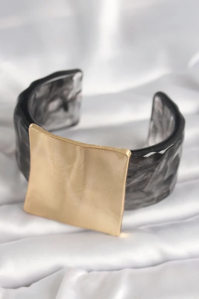 Siyah Mermer Desen Akrilik Plastik Gold Kare Plaka Model Vintage Kadın Bilezik - TJ-BB6681 - 2