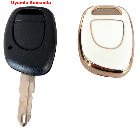 Renault Clio 2 Kangoo Tek Buton Uyumlu Kumanda Anahtar Kılıfı Oto Anahtarlık Beyaz Gold - 5