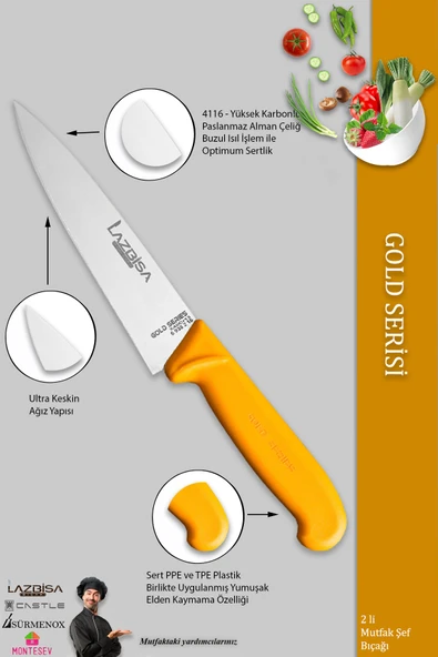 LAZBİSA Gold Serisi Mutfak Bıçak Seti Et Ekmek Sebze Bıçağı 2 Li Set Günlük Kullanım ( Mtf-010) - 3