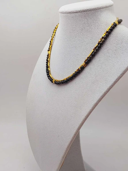 Lucid Dream Serisi Golden & Siyah Obsidyen Taşı 4mm Kolye (24290) - Resim 10